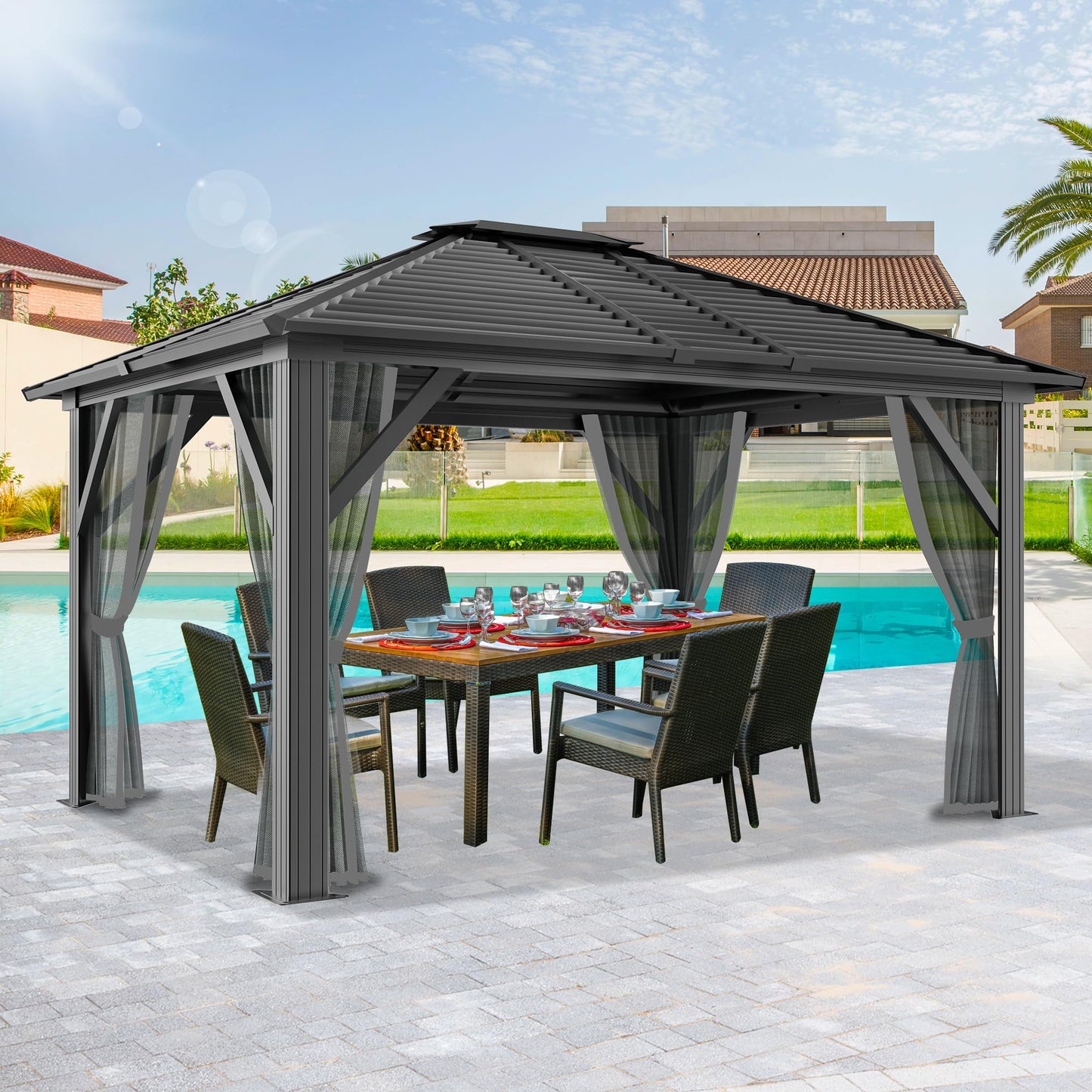 10x12ft Hardtop Gazebo with Netting and Fully Enclosed Zip Curtains, Heavy Duty Galvanized Steel Outdoor Stripes Roof for Patio, Backyard, Lawns (10x12 ft with Netting Only) - WoodArtSupply