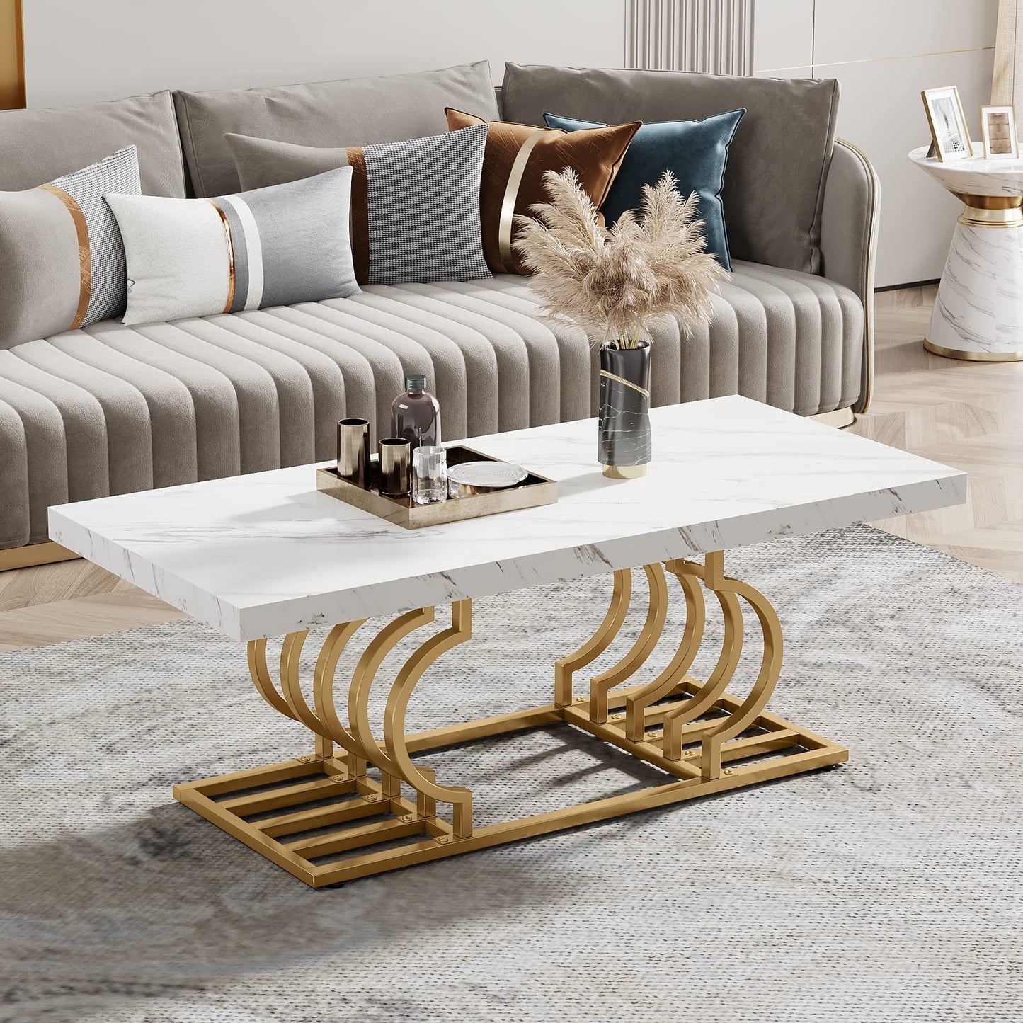 Tribesigns Modern Coffee Table, 47 Inch Faux Marble Cocktail Table with Geometric Frame, Rectangular Center Table Tea Table Accent Furniture for Living Room, Simple Assembly (White/Gold) - WoodArtSupply