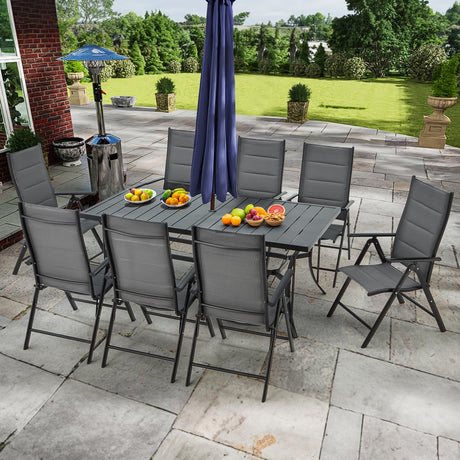 9-Piece Outdoor Dining Set - 8 Padded Aluminium Folding Chairs & Adjustable Rustproof Steel Table, Low-Maintenance Garden Furniture for Backyard, Balcony, Poolside, Includes 1.57"-1.97" Umbrella Hole BUPPLEE