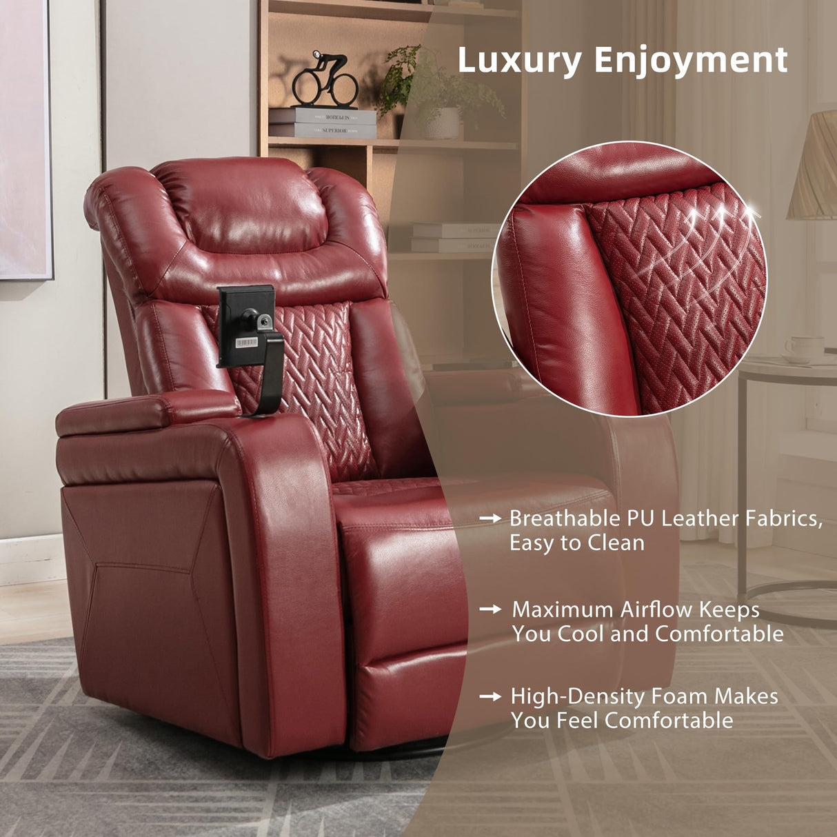 NCKMYB Mid-Century Modern Rocking Power Recliner Chair Swivel PU Leather Chair for Living Room – Cup Holder, Phone Holder, USB Port, Hidden Storage – Red NCKMYB