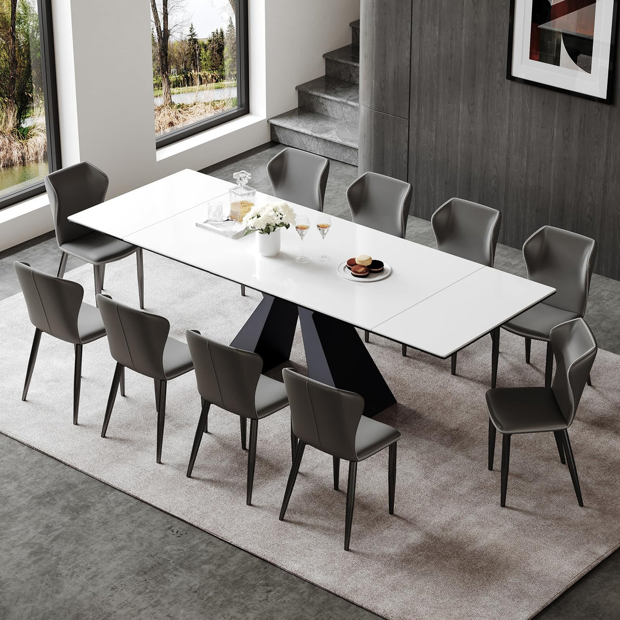 Extendable Dining Table for 8-12 Seat,Tabletop Made of Sintered Stone and Tempered Glass, Modern Style, 35.4" D x 94.5" W x 30" H, White Top TimesGate