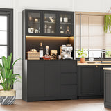 Finetones 71" Modern Black Kitchen Pantry Cabinet with LED Lights and Charging Station finetones