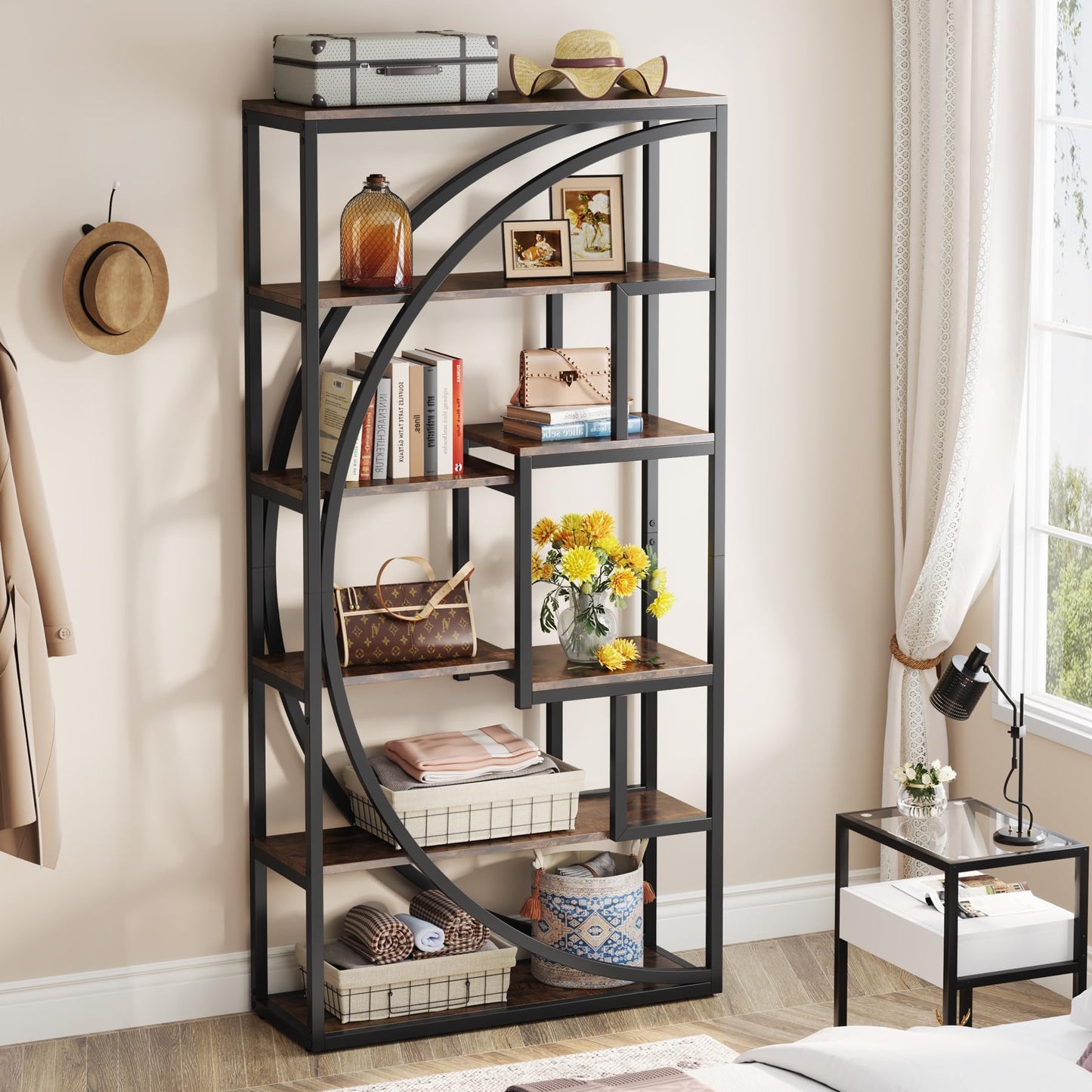 Industrial 5-Tier Geometric Bookshelf with 8 Open Shelves in Rustic Brown - WoodArtSupply