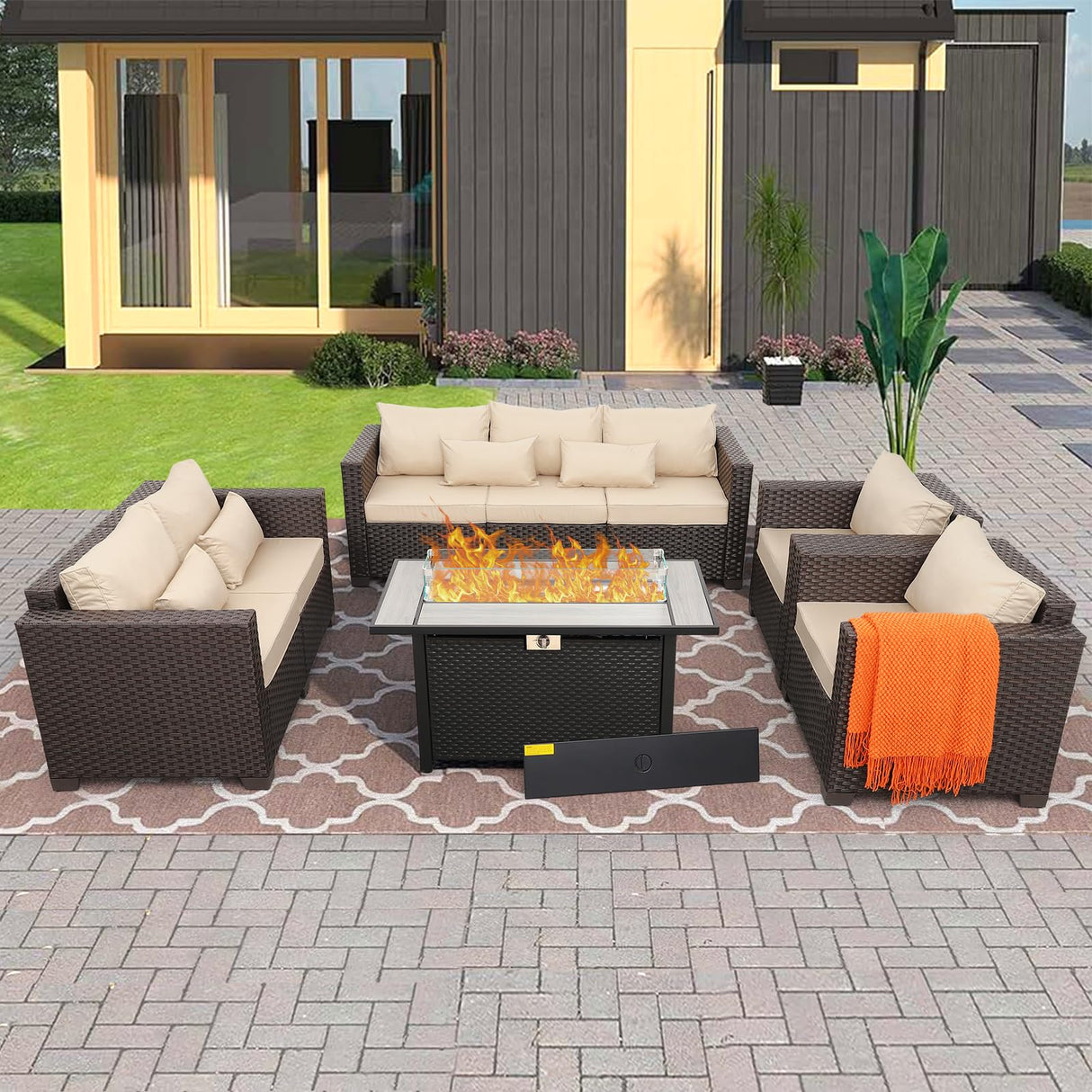 Rattaner 5-Piece Outdoor Patio Furniture 45 in Outdoor Fire Pits Patio Furniture Set 60000 BTU Outdoor Propane Fire Pit No-Slip Cushions Waterproof Covers, Khaki Rattaner