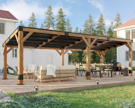 AMERLIFE 10 x 20FT Wood Gazebo with Metal Hardtop, Large Outdoor Grill Canopy with Sloped Roof, Heavy Duty Pergola for Garden, Patio, Backyard, Solid Spruce AMERLIFE