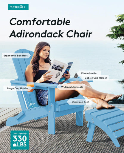 SERWALL Adirondack Chair with Cup Holders - Composite Adirondack Chairs HDPE Outdoor Chairs All Weather Use- Light Blue - WoodArtSupply