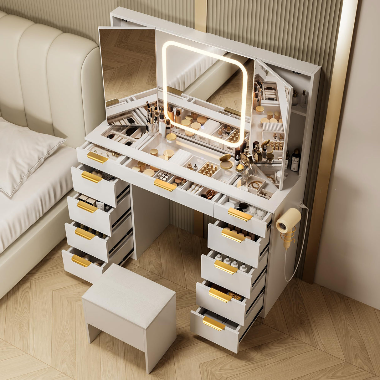 Pamapic 11 Drawers Vanity Desk with Foldable Mirror, Glass Top Makeup Vanity with LED Lights, 3 Lighting Modes, Golden Handles Dressing Table with Chair and Power Outlet Pamapic