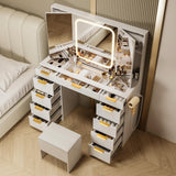 Pamapic 11 Drawers Vanity Desk with Foldable Mirror, Glass Top Makeup Vanity with LED Lights, 3 Lighting Modes, Golden Handles Dressing Table with Chair and Power Outlet Pamapic