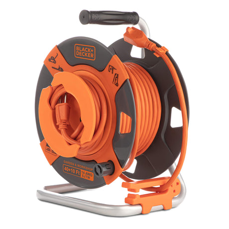 Black + Decker Reverse Retractable Extension Cord Reel, 50 ft, 14AWG SJTW Power Cable, For Electric Tools - Outdoor Power Cord Reel w/ Heavy-Duty Rewind Handle - Premium Cord Retractor for Garden BLACK+DECKER
