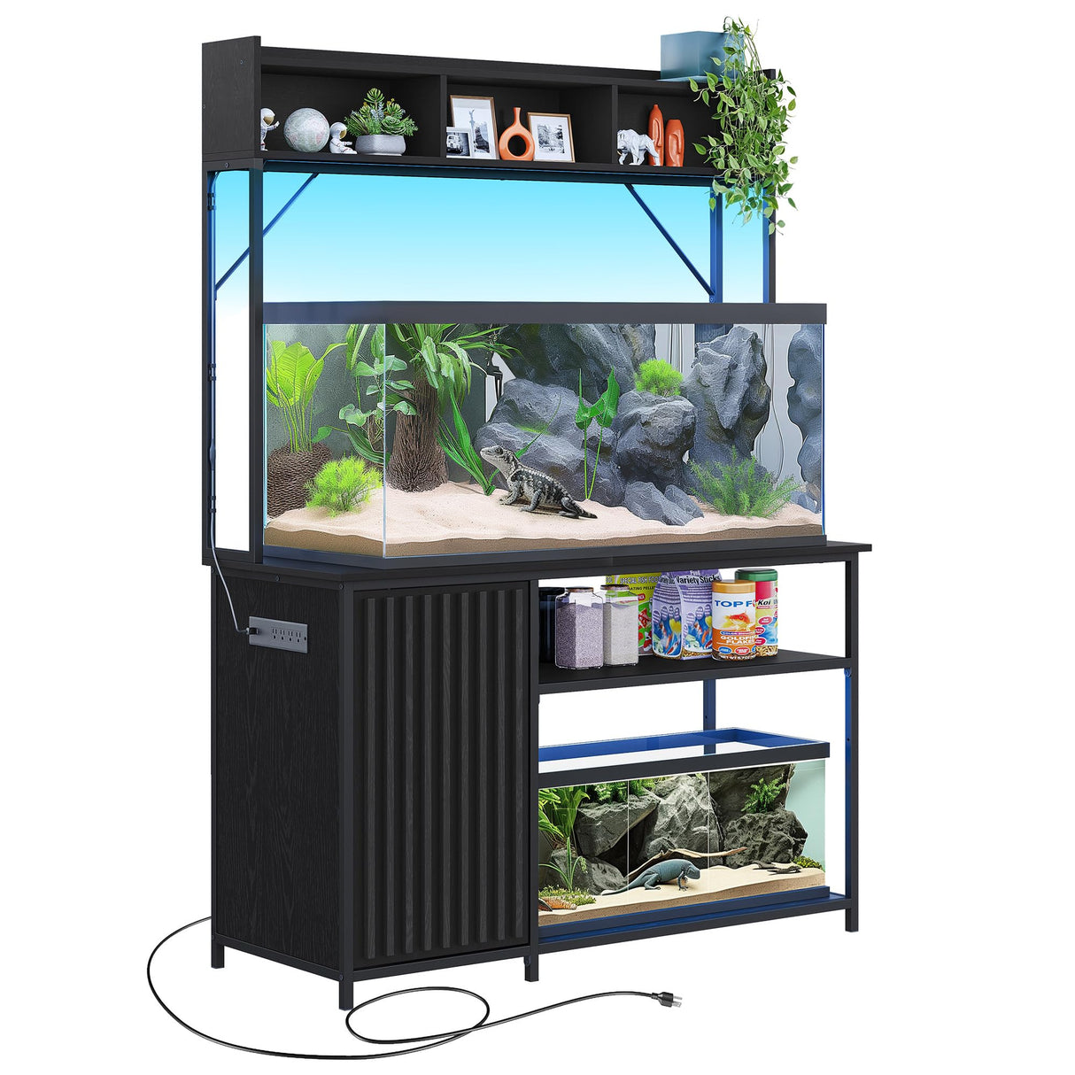 BELLEZE Aquarium Stand with LED Lights 55-90 Gallon, Fish Tank Stand with Heavy Duty Metal Fluted Storage Cabinet and Power Outlets, 1200 LBS Capacity,Fish Turtle Tank Compatible, Black Ebony BELLEZE