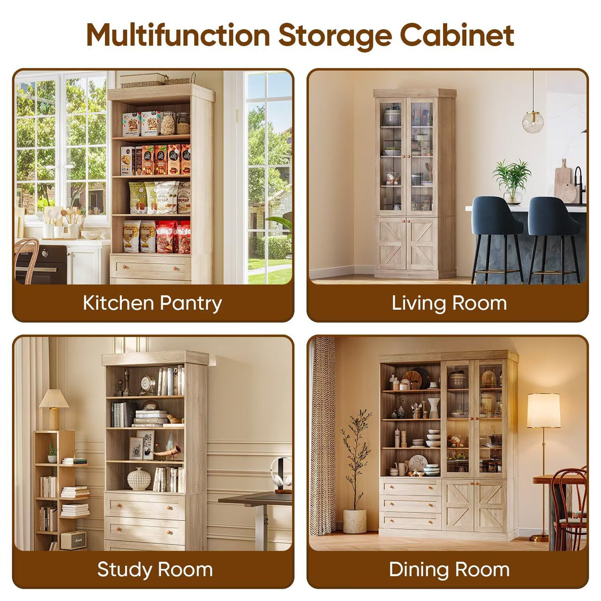 Vyre 71" Tall Farmhouse Bookshelves with Drawers, Set of 3 – Large Modular Bookcase with Adjustable Shelves, Storage Cabinet for Living Room, Kitchen, Home Office, Brown Vyre