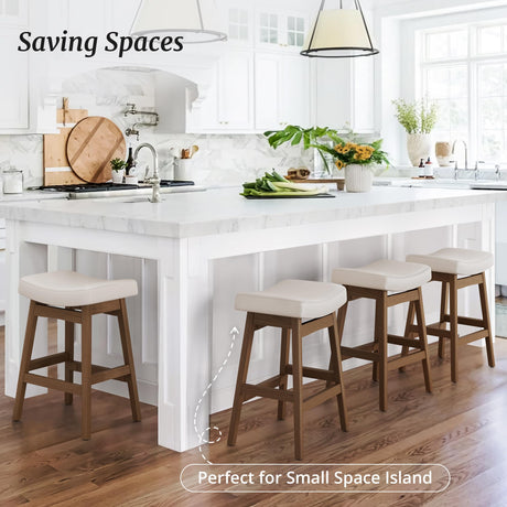 Cozyman Bar Stools Set of 3, Barstools with Sturdy Wood Legs, Saddle Seat Counter Height Bar Stools for Kitchen Counter, Bar, Dining, 24 Inch Farmhouse Counter Stools, Antique White Leather Cozyman