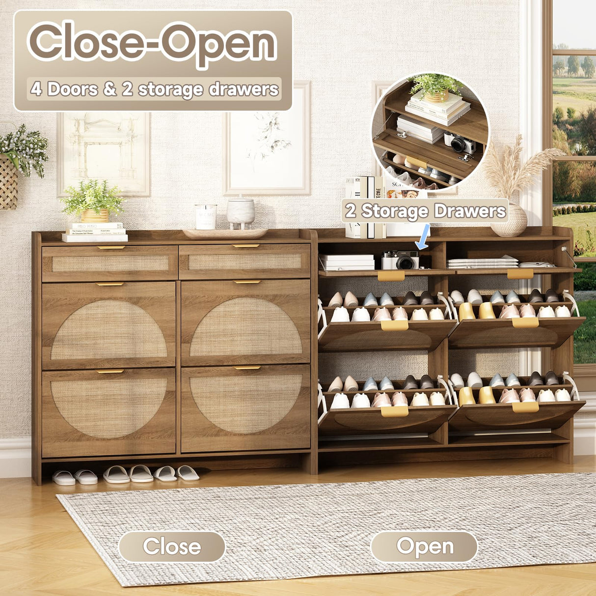 WINWY Rattan Shoe Storage Cabinet with 4 Flip Drawers & 2 Drawers, Freestanding Organizer for Front Door Entrance, Hidden Narrow Shoe Rack Cabinet Storage for Entryway, Rustic Oak Rattan WINWY