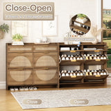 WINWY Rattan Shoe Storage Cabinet with 4 Flip Drawers & 2 Drawers, Freestanding Organizer for Front Door Entrance, Hidden Narrow Shoe Rack Cabinet Storage for Entryway, Rustic Oak Rattan WINWY