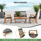 HAPPYGRILL 4 Pieces Patio Furniture Set Acacia Wood Conversation Set with Hand-Woven Rope Design, Ergonomic Loveseat & Single Chairs, Wooden Chair & Table Set for Porch Yard Poolside HAPPYGRILL