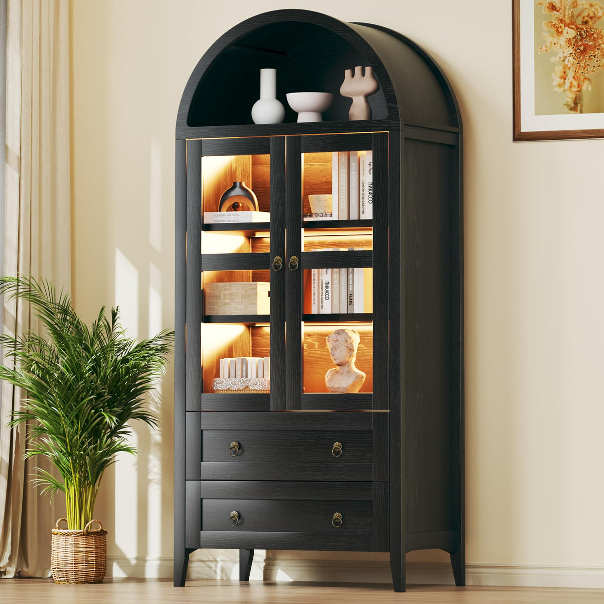 HUAHUU 71" Tall Arched Kitchen Pantry, Arched Cabinet with LED Lights, Kitchen Storage Cabinets with 2 Large Drawers & Adjustable Shelves & Glass Door for Living Room, Dining Room, Black HUAHUU