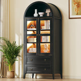 HUAHUU 71" Tall Arched Kitchen Pantry, Arched Cabinet with LED Lights, Kitchen Storage Cabinets with 2 Large Drawers & Adjustable Shelves & Glass Door for Living Room, Dining Room, Black HUAHUU