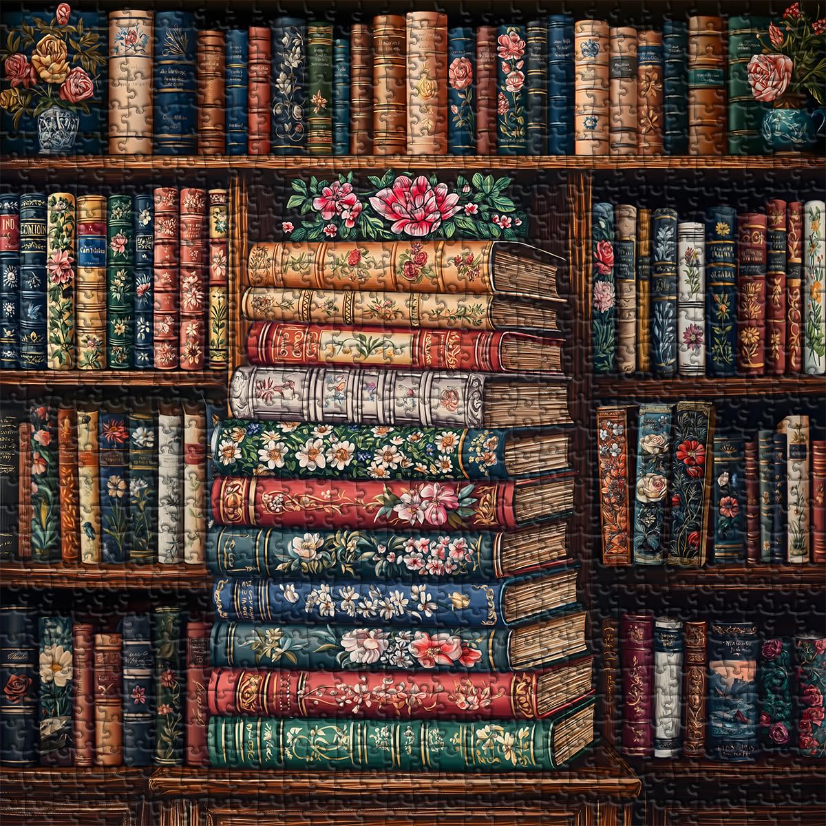 Vintage Bookshelf Puzzles for Adults 1000 Pieces, Book Flower Jigsaw Puzzle Bookshelf Library, Retro Aesthetic Puzzle Art, Difficult Challenging Hard Puzzle for Book Lovers