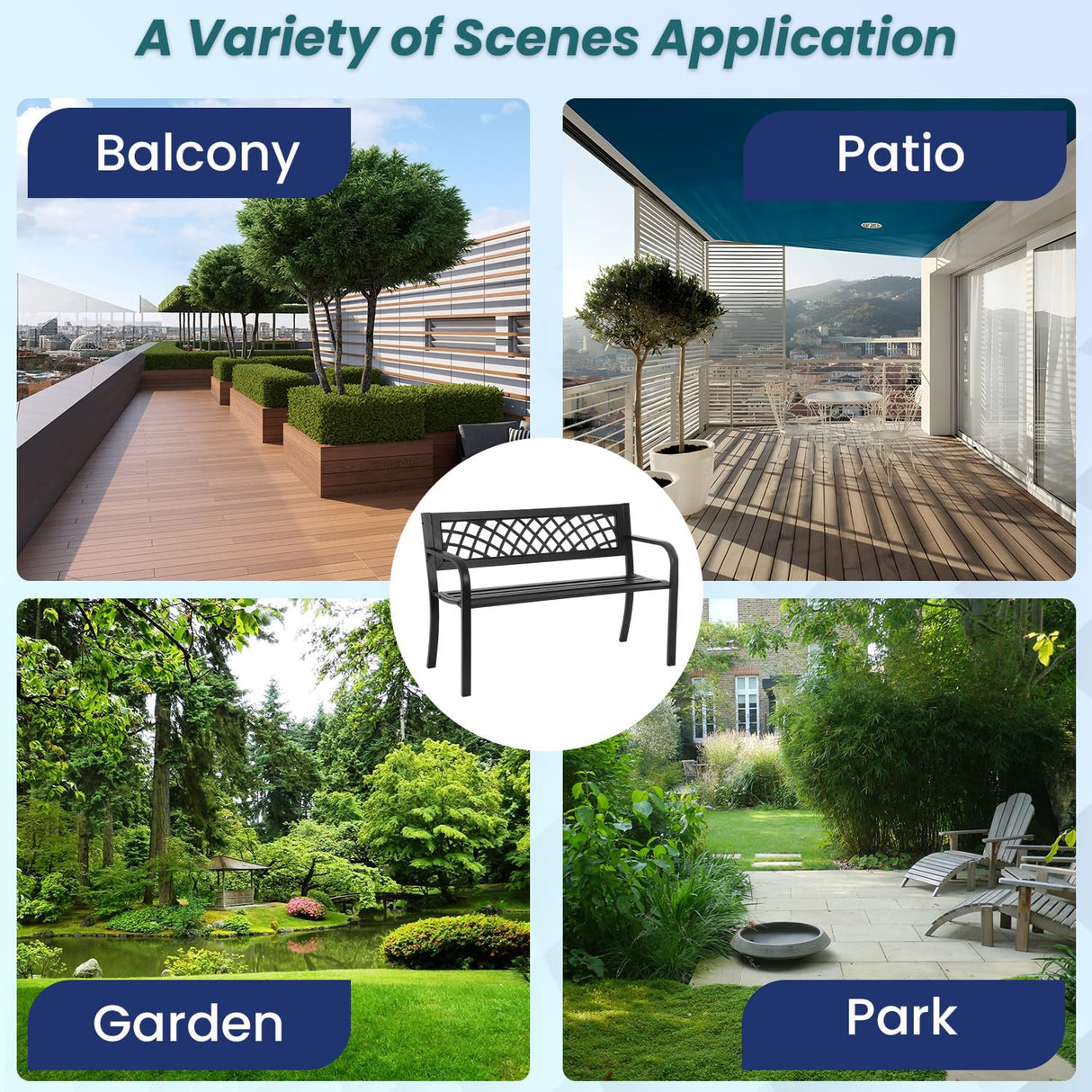 MGHH Outdoor Bench, Patio Garden Bench with Iron Steel Frame, Mesh Pattern, Metal Outside Bench for Park Porch Lawn Yard Balcony Path Entryway Deck,Black MGHH