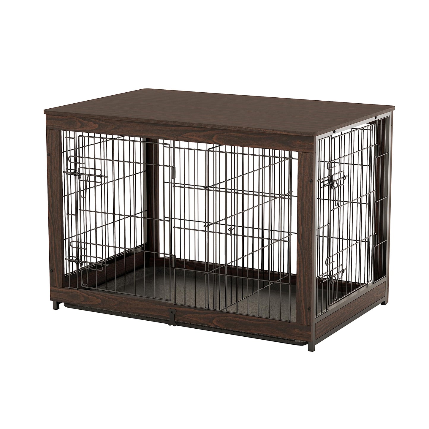 Piskyet Wooden Dog Crate Furniture with Divider Panel, Dog Crate End Table with Fixable Slide Tray, Double Doors Dog Kennel Indoor for Dogs(XL:43.2" L * 28.6" W * 30.3" H,Brown Walnut) - WoodArtSupply