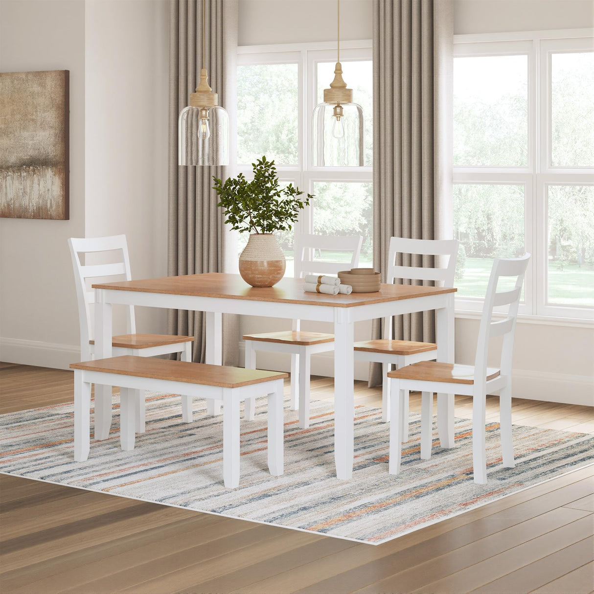 Signature Design by Ashley Gesthaven Modern Dining Table with 4 Chairs and Bench, Set of 6, White & Light Brown Signature Design by Ashley