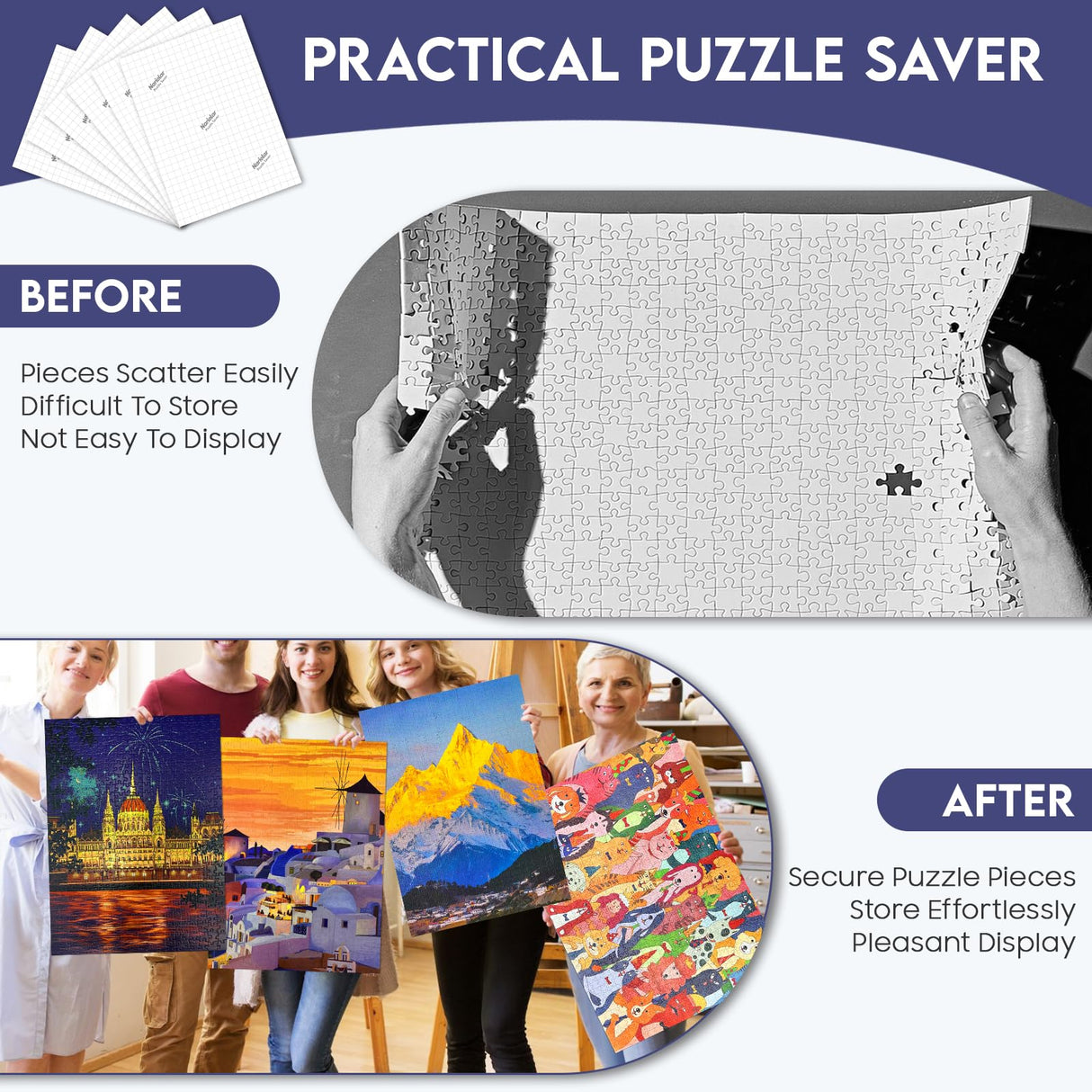 Nariolar Ultra Adhesion Puzzle Glue Sheets, 64 Puzzle Saver Sheets Preserves 8×1000 Pieces Jigsaw Puzzle, Puzzle Saver for Easy Preservation in Minutes Nariolar