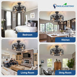 DLLT Caged Ceiling Fan with Light: 20" Farmhouse Fandelier with Light and Remote - Black Rustic Chandelier with Fan for Bedroon Kitchen Living Dining Room DINGLILIGHTING