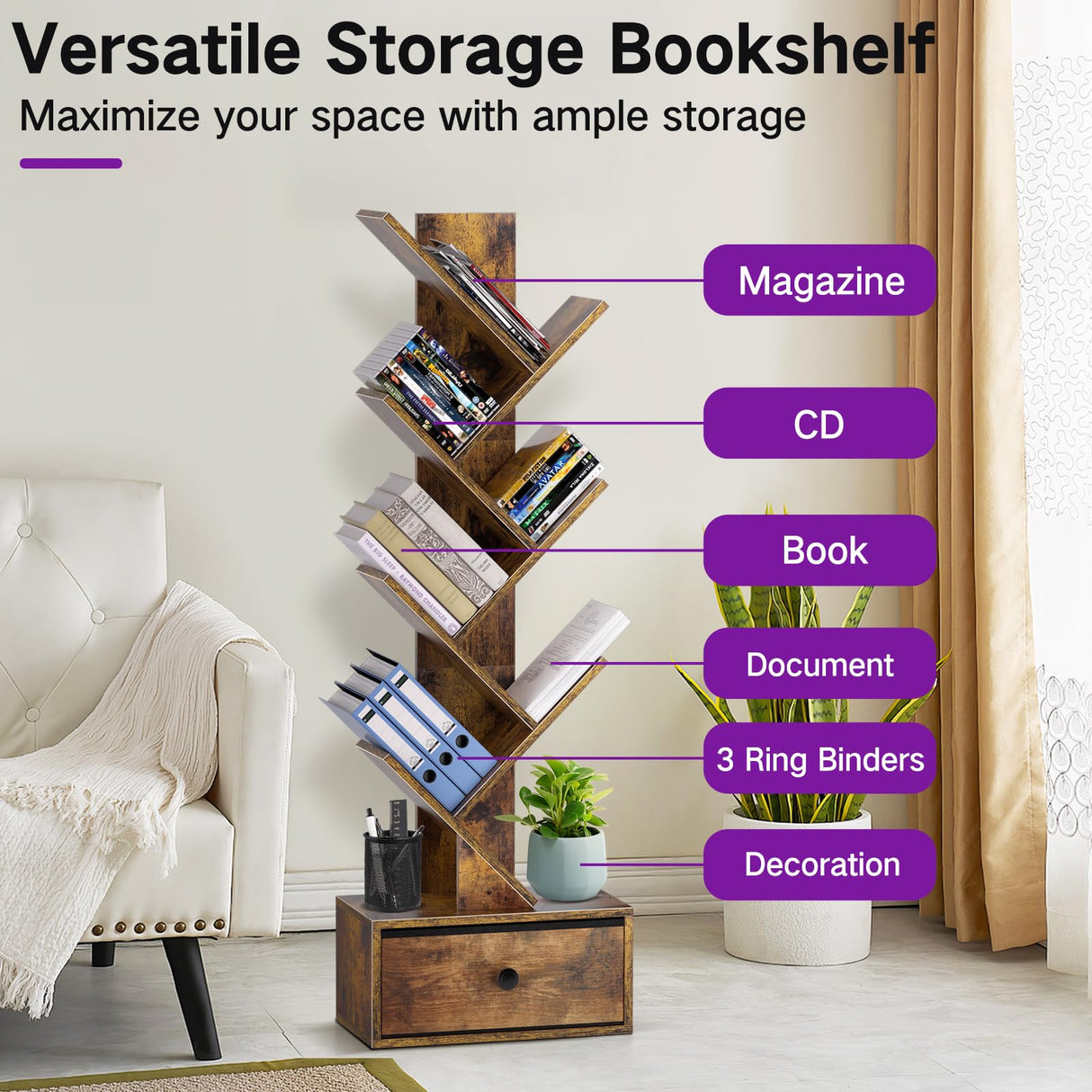 OUTONLIFE Tree Bookshelf with Drawer, 6 Tier Book Shelves, Narrow Floor Standing Bookcase, Corner Book Storage Rack for CDs/Movies/Books, Wood Bookshelves for Living Room, Home Office, Bedroom OUTONLIFE