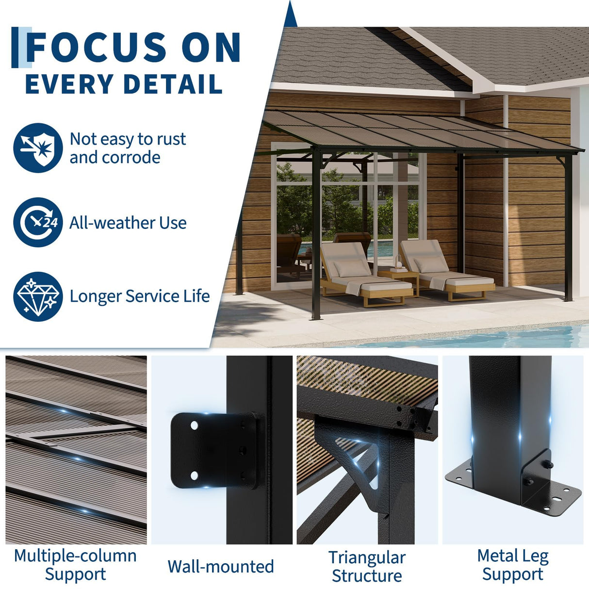 Garvee 10x12 Ft Outdoor Lean to Gazebo, Wall Mounted Patio Hardtop Gazebo Pergola with Polycarbonate Roof, Upgraded Steel Frame Hardtop Pavilion for Patio, Garden, Lawn, Deck Garvee