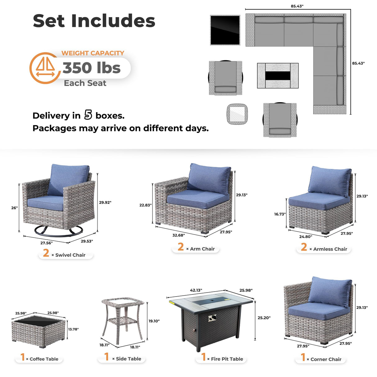 ovios 10 Pieces Patio Furniture Set, Outdoor Wicker Sectional Sofa with 42" Fire Pit Table Swivel Chairs, Modern Modular Deep Seat Rattan Couch Conversation Sets, Denim Blue ovios