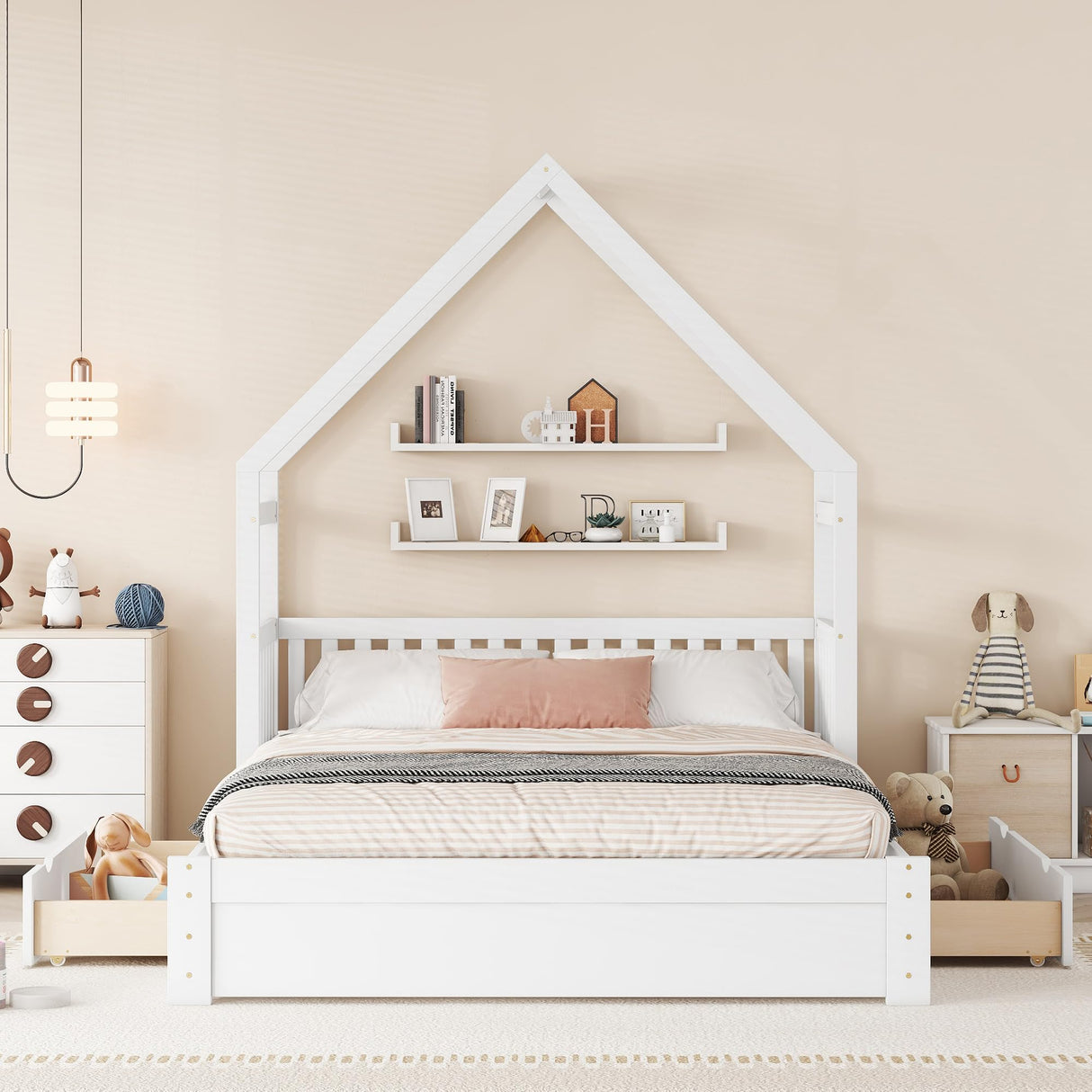 Merax Wood Queen Size House Platform Bed with Guardrail and 2 Drawers, Wooden Bedframe for Boys Girls Adult, No Spring Box Needed, White Merax