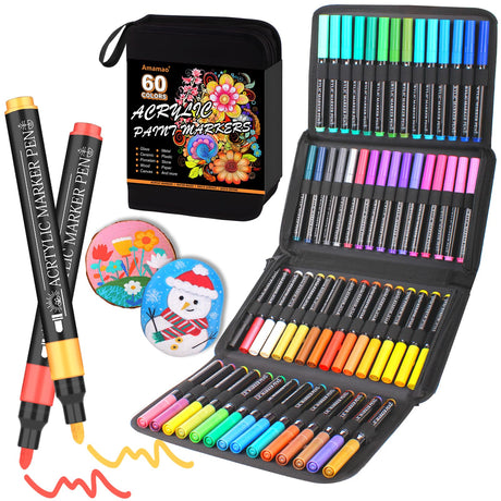 60 Colors Acrylic Paint Pens Paint Markers, Acrylic Paint Markers with Medium Tip Point, Premium Paint Markers for Rock, Glass, Wood, Paper Painting, Acrylic Markers Set for Kids and Adults DIY Craft Amamao