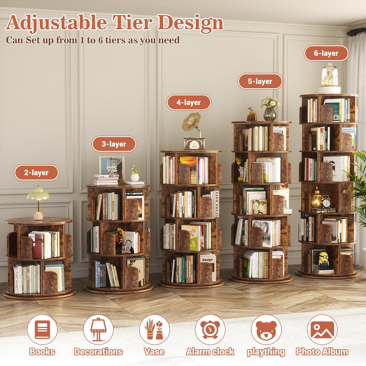 Aheaplus 6 Tier Rotating Bookshelf, Wood Spinning Bookshelf Tower, Round Revolving 360 Bookcase, Narrow Turning Book Shelf Rolling Corner Organizer for Small Space, Bedroom, Office, Rustic Brown Aheaplus