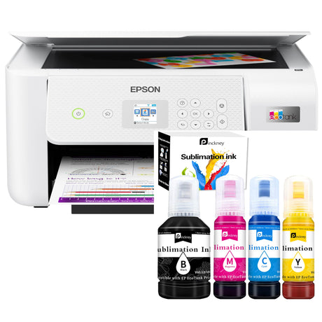 Pinckney Cartridge-Free Super-Tank Printer with Sublimation Ink Bundle for Heat Transfers, Easy Fill, Built-in Scanner & Copier (White) Pinckney