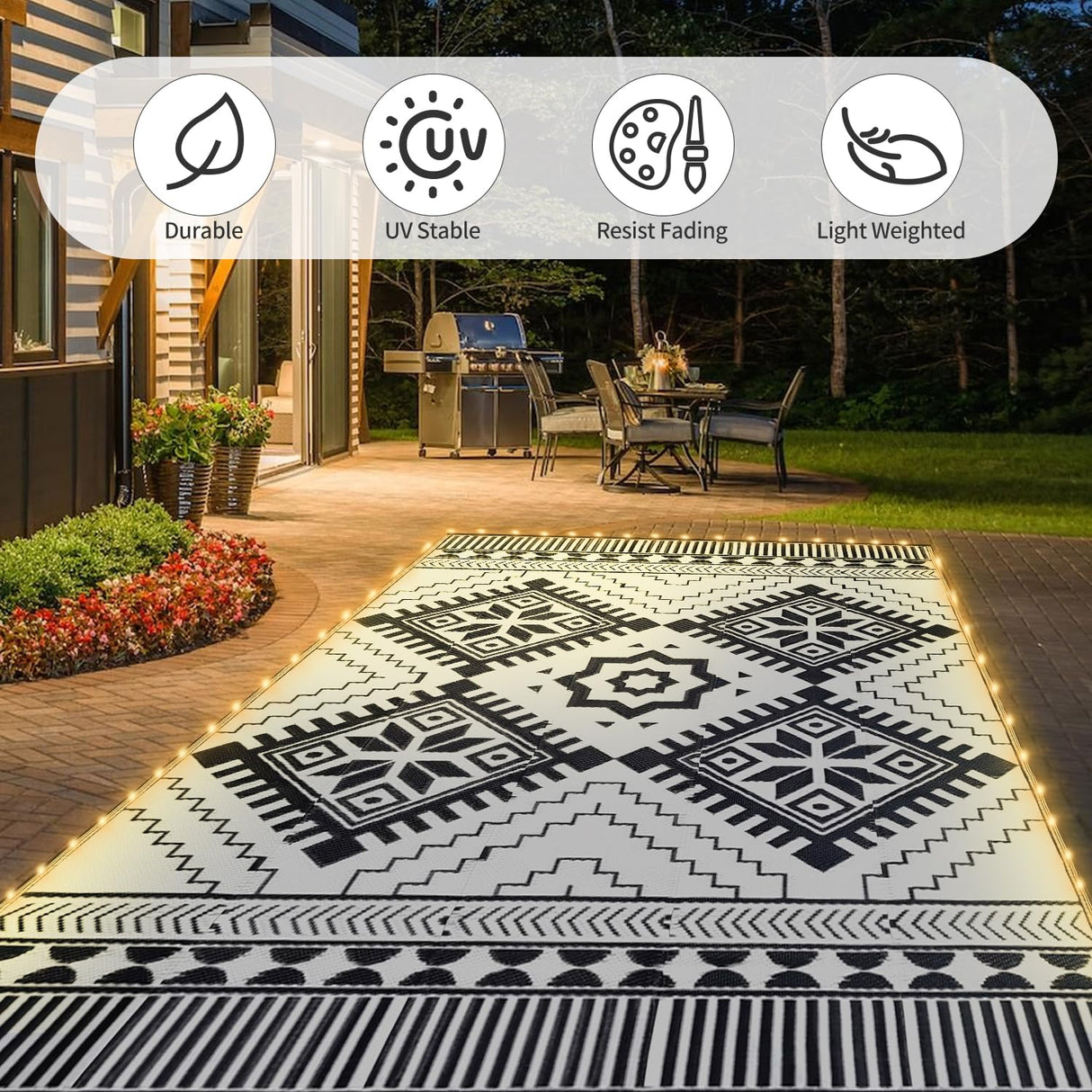 8x10ft Waterproof Outdoor Rug with LED Lights, Boho Reversible Plastic Straw Mat for Patio RV Camping Picnic Balcony Beach Deck Indoor Outdoor Carpet, Black&White DiiKoo