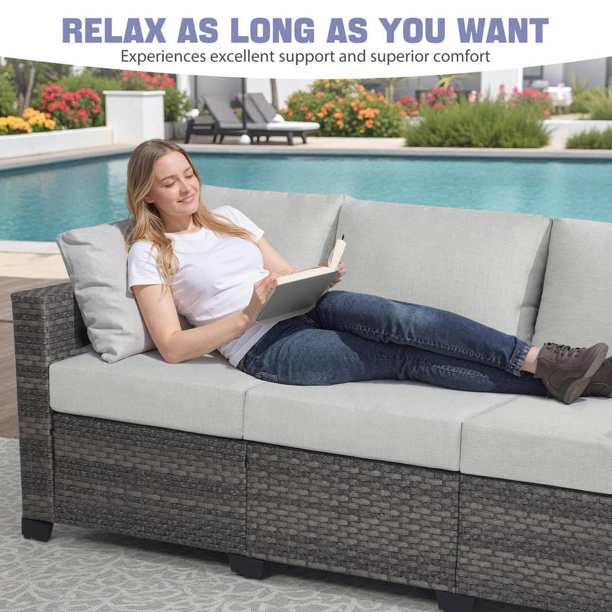 ABCASA Patio Furniture Set with Fire Pit Table, 44'' 60,000 BTU Flame Comfortable 10 Pieces Wicker Rattan Outdoor Furniture Set w/Soft Cushion, Patio Conversation Sets for Porch,Deck,Poolside,Grey ABCASA