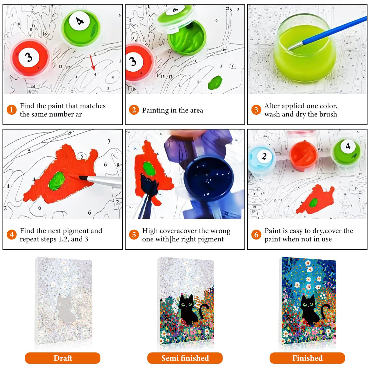 Fountor Paint by Numbers Kit for Adults Beginner & Kids Ages 8-12 with Wooden Frame Easy Acrylic on Canvas 8x12 inch with Paints and Brushes, Paint by Numbers Flowers Cat for Gift Home Wall Decor Fountor