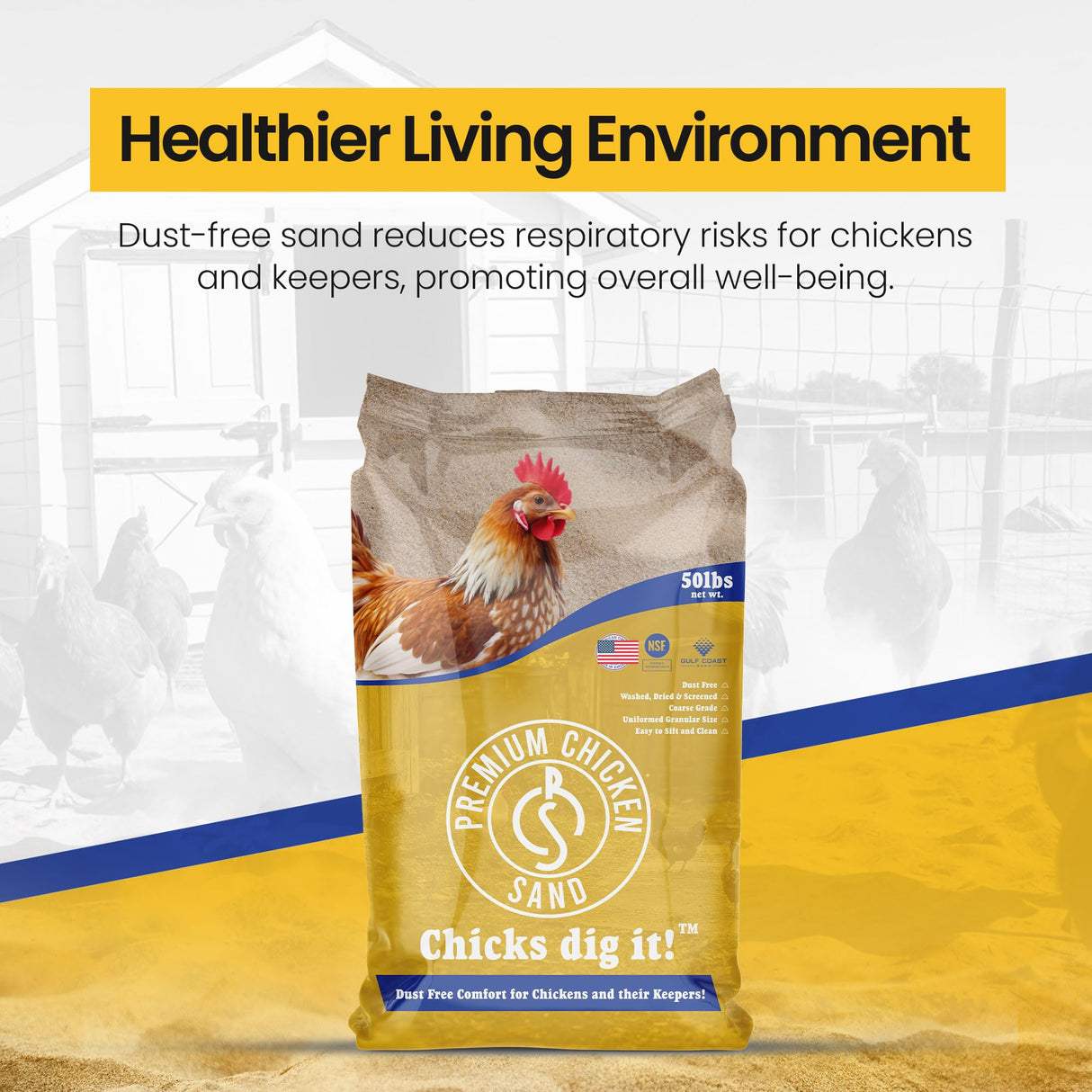 Premium Chicken Sand, 50 lb Bag Odor Eliminating Bedding for Chicken Coops, Nesting Boxes & Runs Premium Chicken Sand