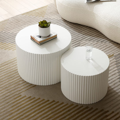 kevinplus White Round Nesting Coffee Table Set of 2 Modern Drum Side Table End Table for Living Room, Wood Circle Embossed Design Coffee Table Contemporary Living Room Table Set, Matte White - WoodArtSupply