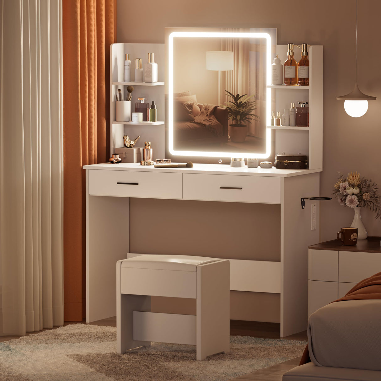 YIKEHOME Vanity with Lighted Mirror, Makeup Vanity Desk with Power Outlet, 3 Color Lights, Adjustable Brightness, Vanity Table with 6 Shelves, 2 Drawers and Stool, White YIKEHOME