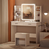YIKEHOME Vanity with Lighted Mirror, Makeup Vanity Desk with Power Outlet, 3 Color Lights, Adjustable Brightness, Vanity Table with 6 Shelves, 2 Drawers and Stool, White YIKEHOME