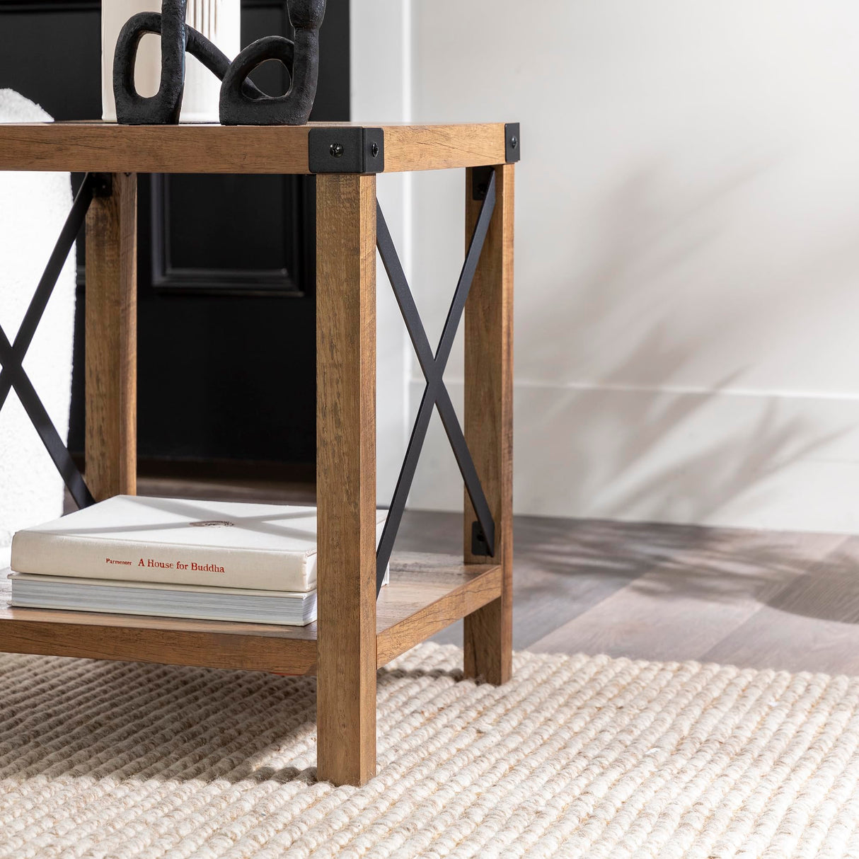 Walker Edison Sedalia Modern Farmhouse Metal X Side Table, 18 Inch, Rustic Oak Walker Edison
