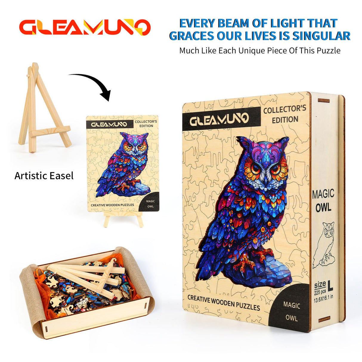 GLEAMUNO Magic Owl Wooden Puzzles for Adults – 225 Pcs, 13.6" x 16.1", Unique Shapes, Gift Packaging, Natural Materials, Puzzles up Wooden Jigsaw Puzzles for Adults, Gift Ideas, Family Games GLEAMUNO