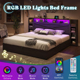 AMERLIFE King Size Lift Up Storage Bed Frame, 45.1" LED Bed Frame with 2 Side Shelves and Bookcase Headboard, Farmhouse Wood Platform Bed with Charging Station, No Box Spring Needed, Black AMERLIFE