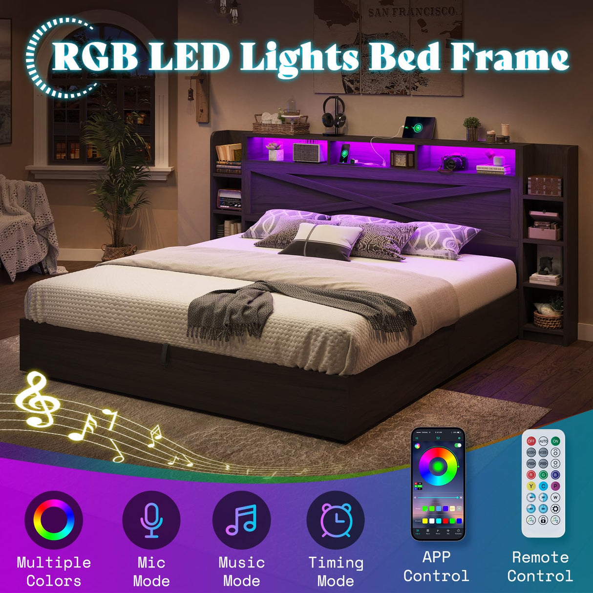 AMERLIFE Queen Size Lift Up Storage Bed Frame, 45.1" LED Bed Frame with 2 Side Shelves & Bookcase Headboard, Farmhouse Wood Platform Bed with Charging Station, No Box Spring Needed, Black AMERLIFE