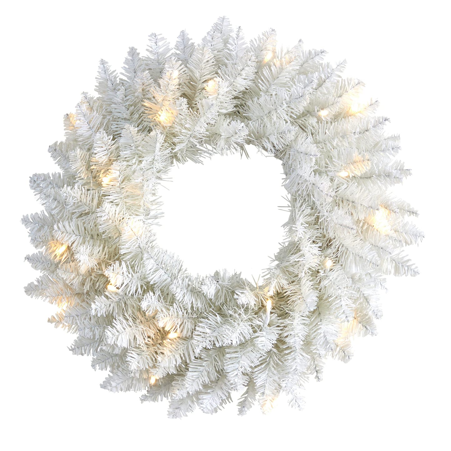 Nearly Natural 18in. White Colorado Spruce Artificial Christmas Wreath with 129 Bendable Branches and 20 Warm LED Lights