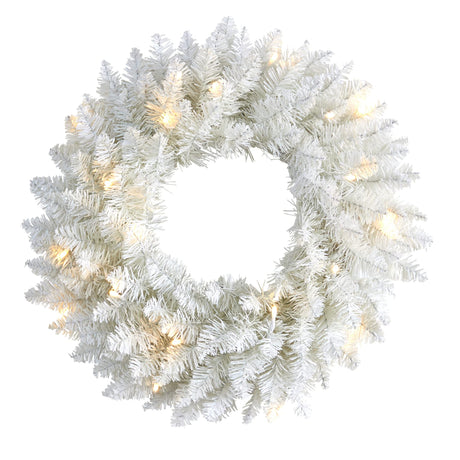 Nearly Natural 18in. White Colorado Spruce Artificial Christmas Wreath with 129 Bendable Branches and 20 Warm LED Lights Nearly Natural
