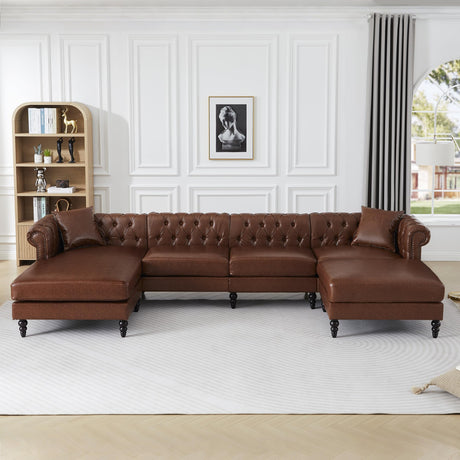 U Shaped Chesterfield Sofa, Oversized Sectional Faux Leather Couch, Chaise Ottoman Sofa Upholstered Accent Tufted Couch with Rolled Armrest and Nailhead for Living Room, Office - Brown ORRD
