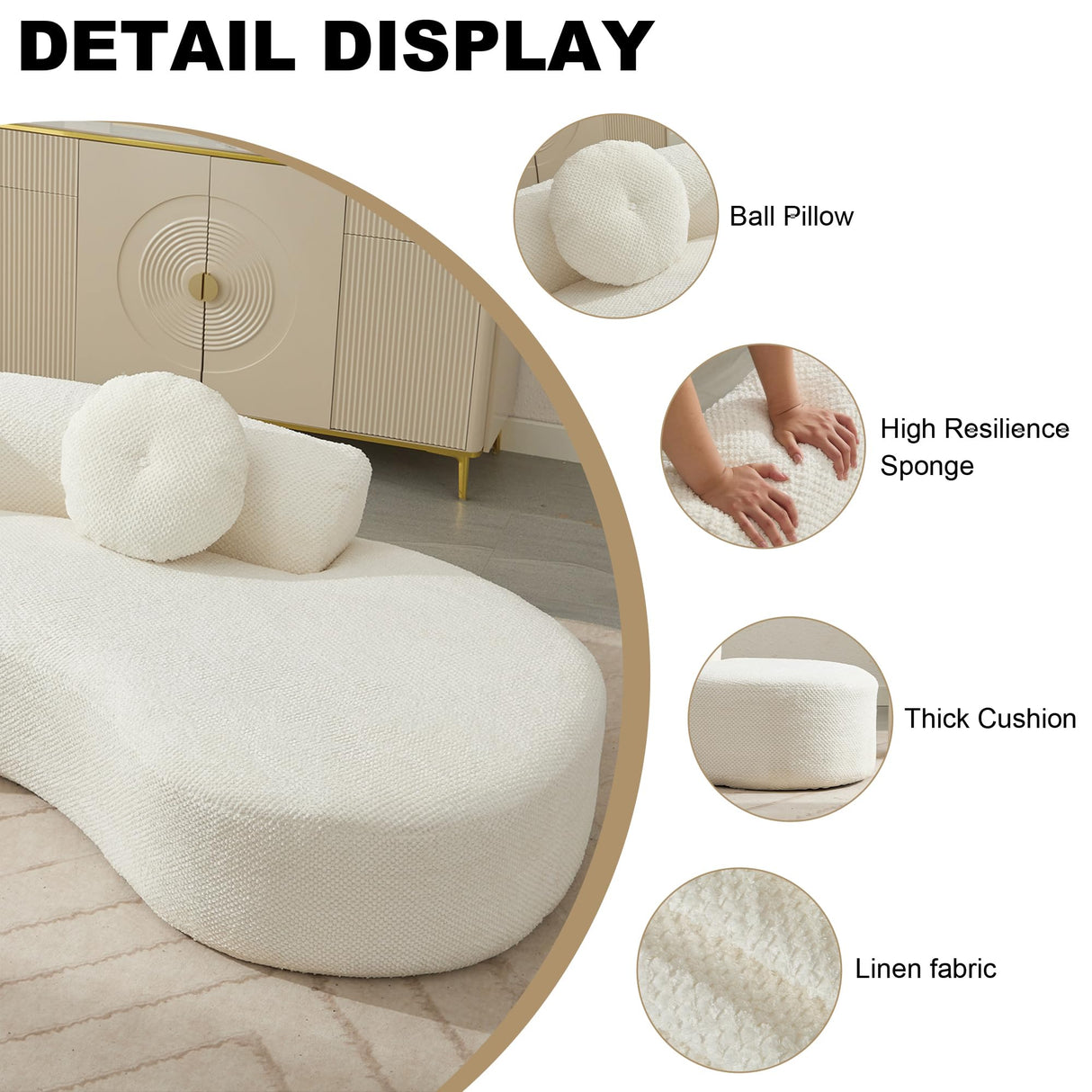 106'' Oversize Sponge Curved Sofa,Modern Minimalist Corduroy Anti-Wrinkle Sofa,Cloud Couch 3-Seater Couch w/2 Pillows (Beige) BUIORD