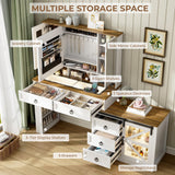 LVSOMT Vanity Desk with Mirror and Lights, Large Farmhouse Makeup Desk with 5 Drawers and Jewelry Storage, 60" Glass Top Dressing Table with Power Outlet & Adjustable Cabinet for Bedroom, White/Brown LVSOMT